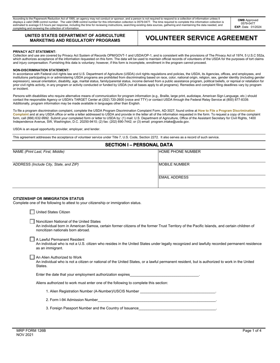 MRP Form 126B Volunteer Service Agreement, Page 1