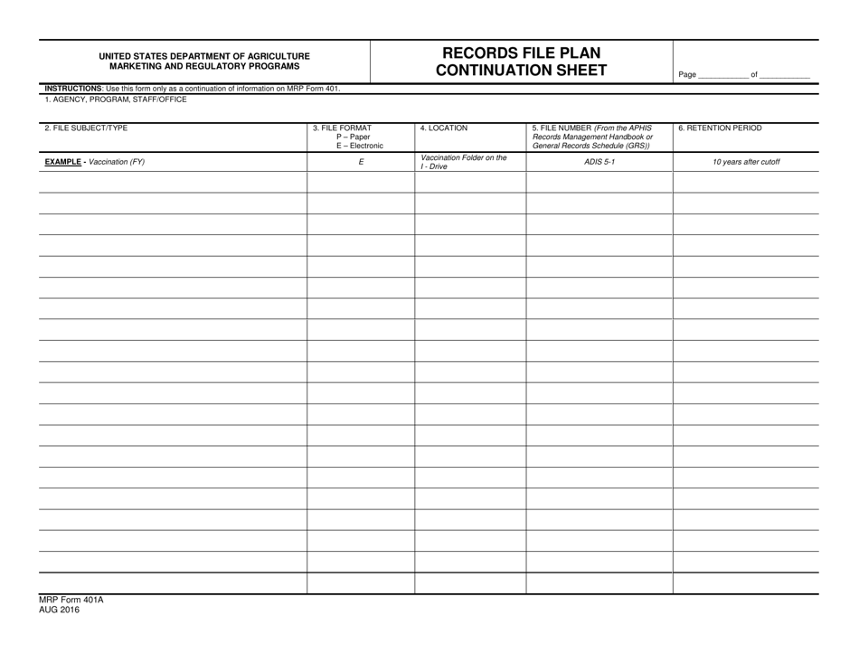 MRP Form 401A Records File Plan Continuation Sheet, Page 1