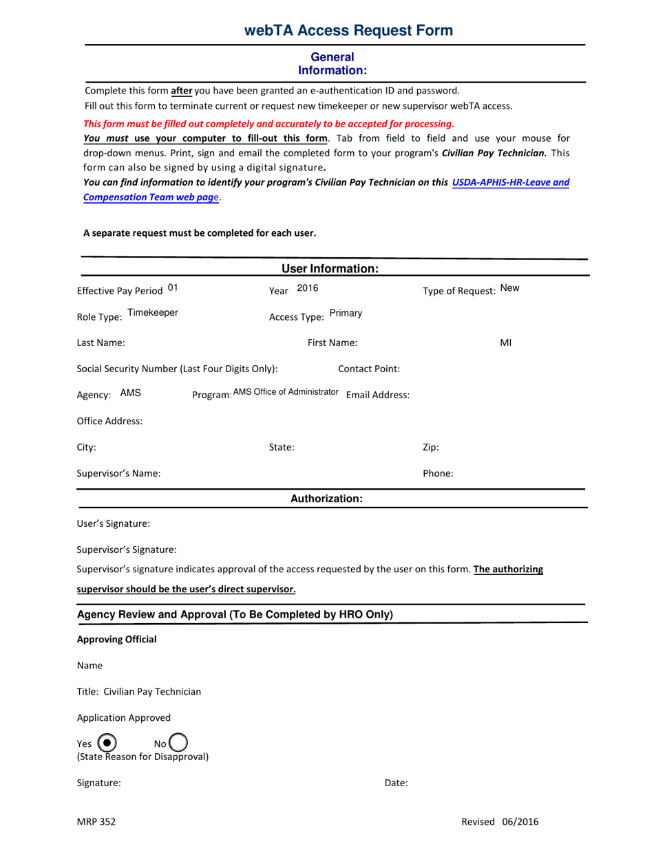 MRP Form 352 Webta Access Request Form, Page 1