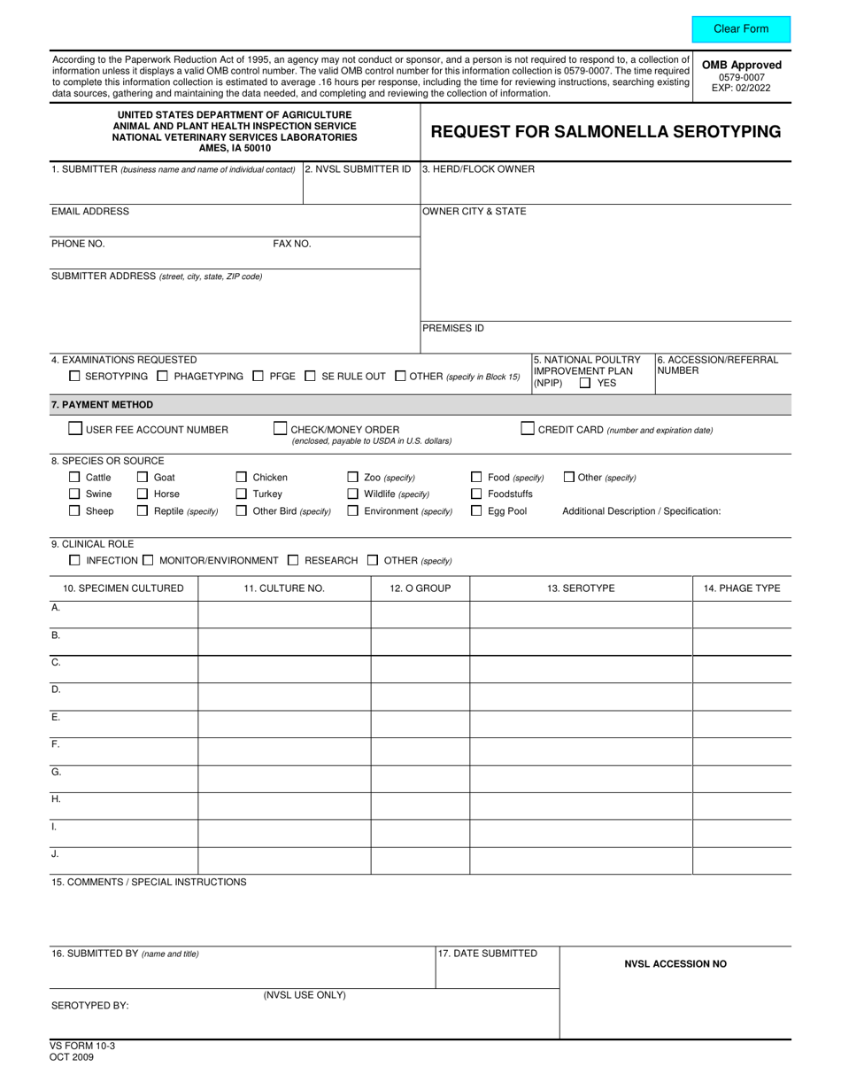 VS Form 10-3 Request for Salmonella Serotyping, Page 1