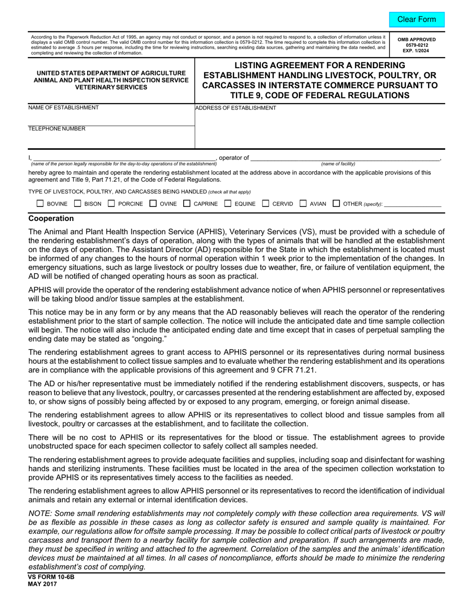 VS Form 10-6B Listing Agreement for a Rendering Establishment Handling Livestock, Poultry, or Carcasses in Interstate Commerce Pursuant to Title 9, Code of Federal Regulations, Page 1