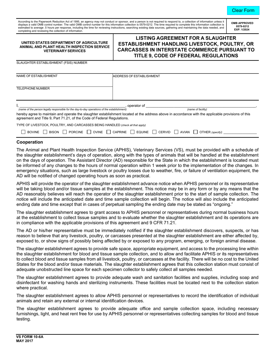 VS Form 10-6A Listing Agreement for a Slaughter Establishment Handling Livestock, Poultry, or Carcasses in Interstate Commerce Pursuant to Title 9, Code of Federal Regulations, Page 1
