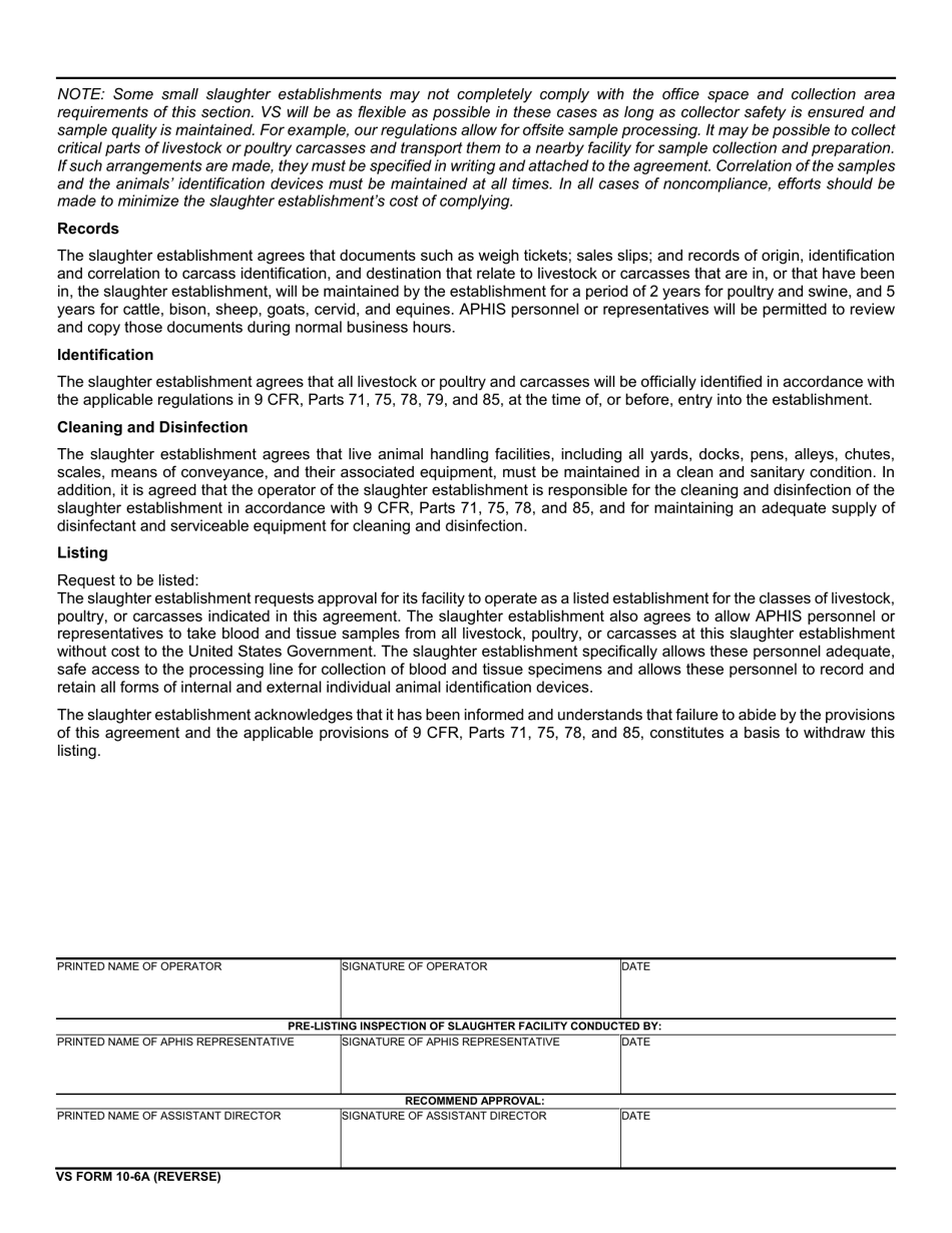 VS Form 10-6A Listing Agreement for a Slaughter Establishment Handling Livestock, Poultry, or Carcasses in Interstate Commerce Pursuant to Title 9, Code of Federal Regulations, Page 2
