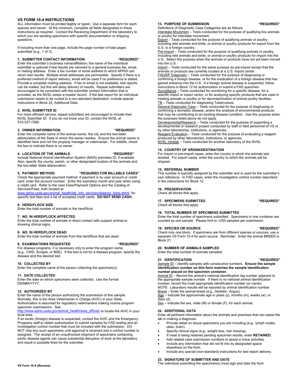 VS Form 10-4 Specimen Submission, Page 2
