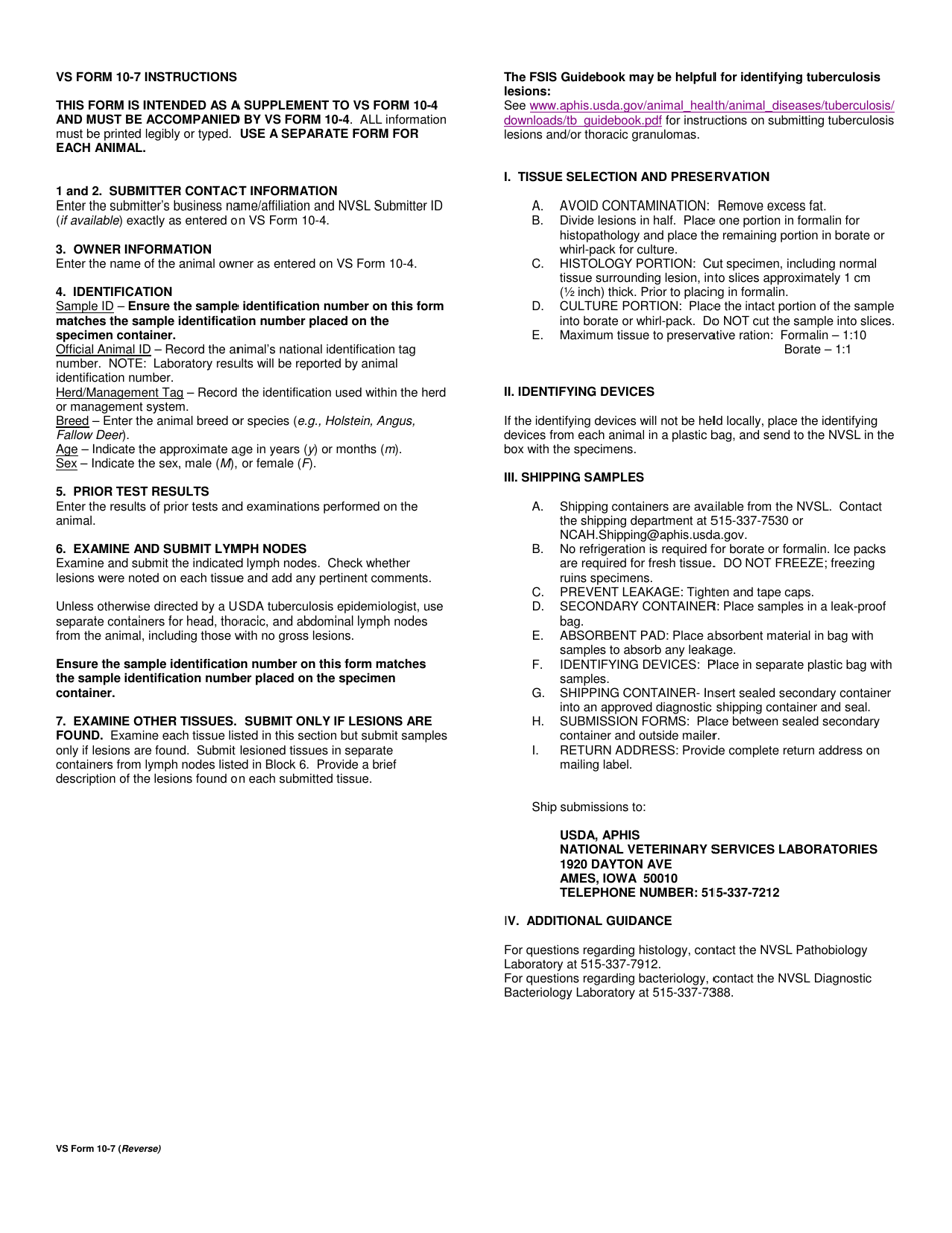 VS Form 10-7 Specimen Collection Bovine Tuberculosis Reactors, Suspects, and Trace-Exposed, Page 2