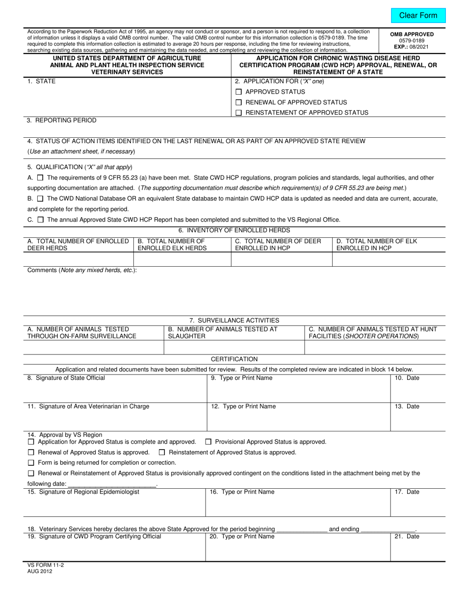 VS Form 11-2 Application for Chronic Wasting Disease Herd Certification Program (Cwd Hcp) Approval, Renewal, or Reinstatement of a State, Page 1