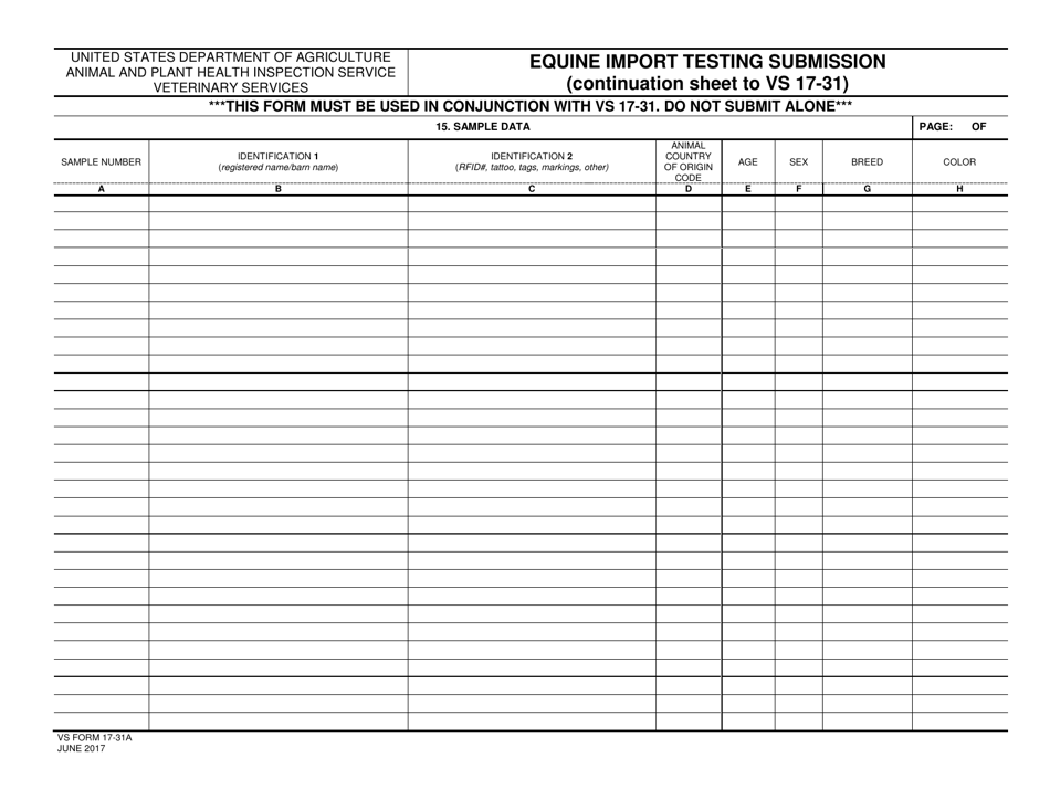 VS Form 17-31A Equine Import Testing Submission (Continuation Sheet), Page 1
