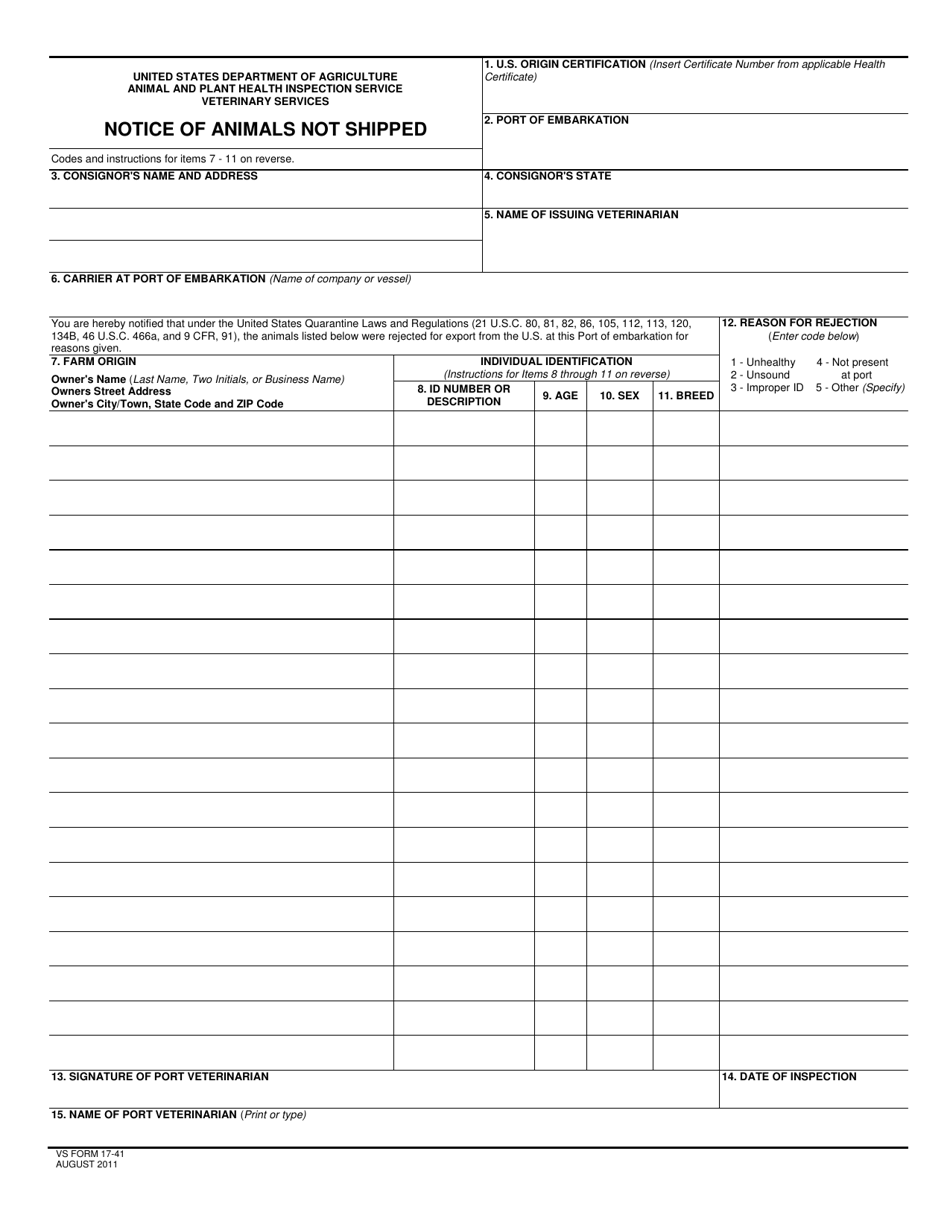 VS Form 17-41 Notice of Animals Not Shipped, Page 1