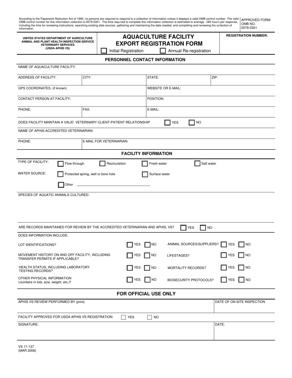VS Form 17-137 Aquaculture Facility Export Registration Form, Page 1