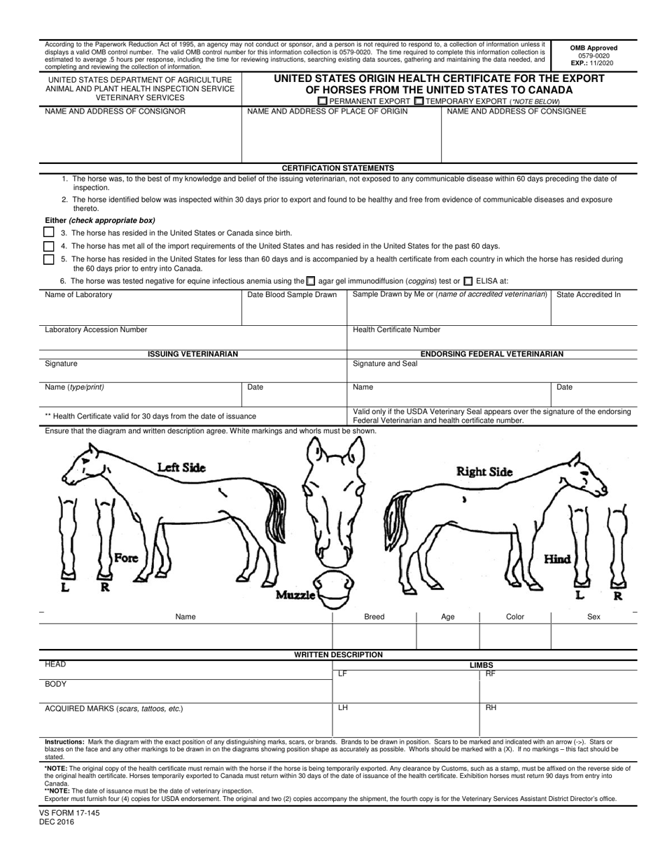 VS Form 17-145 United States Origin Health Certificate for the Export of Horses From the United States to Canada, Page 1