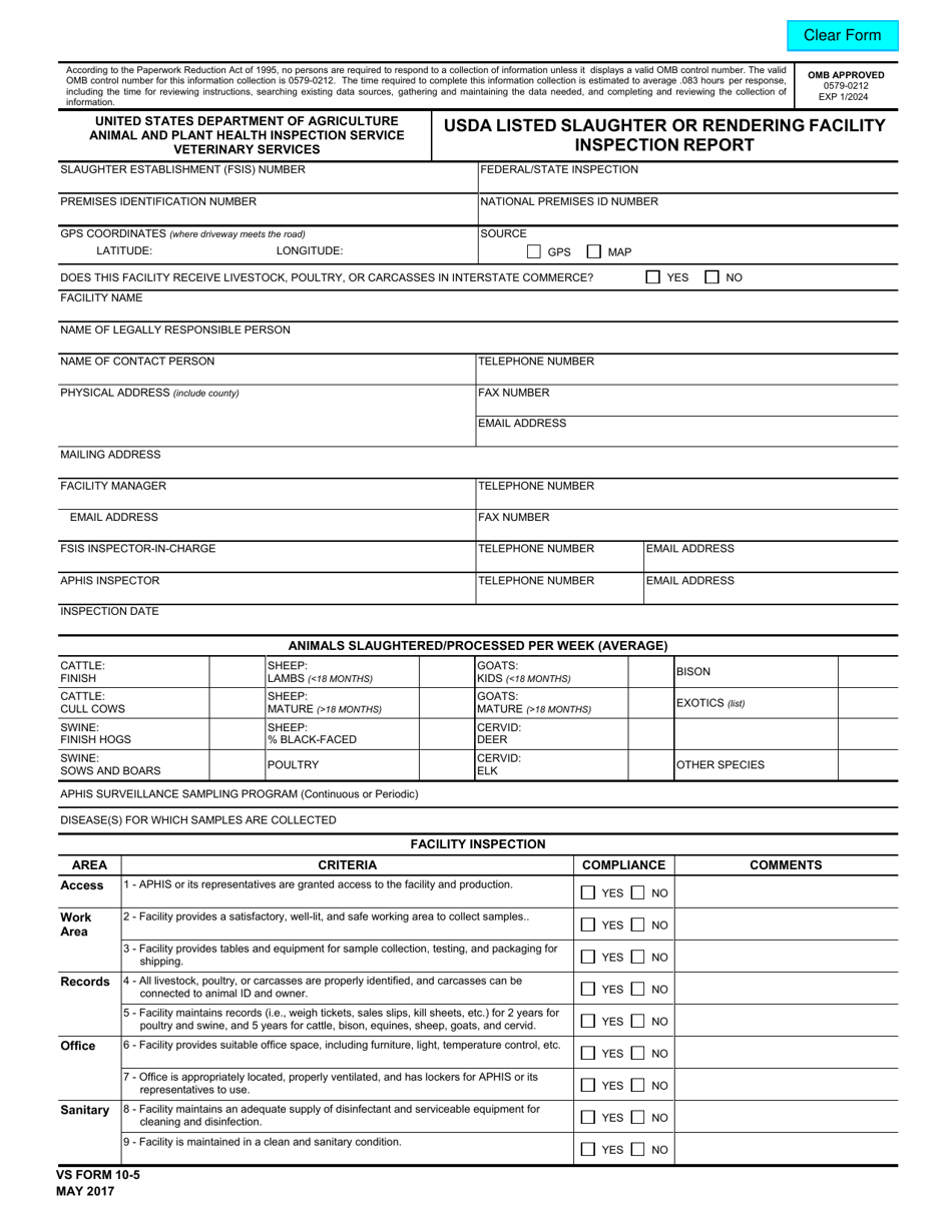 VS Form 10-5 Usda Listed Slaughter or Rendering Facility Inspection Report, Page 1