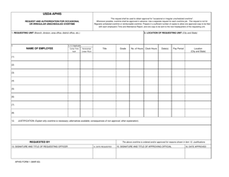 Document preview: APHIS Form 1 Request and Authorization for Occasional or Irregular Unscheduled Overtime