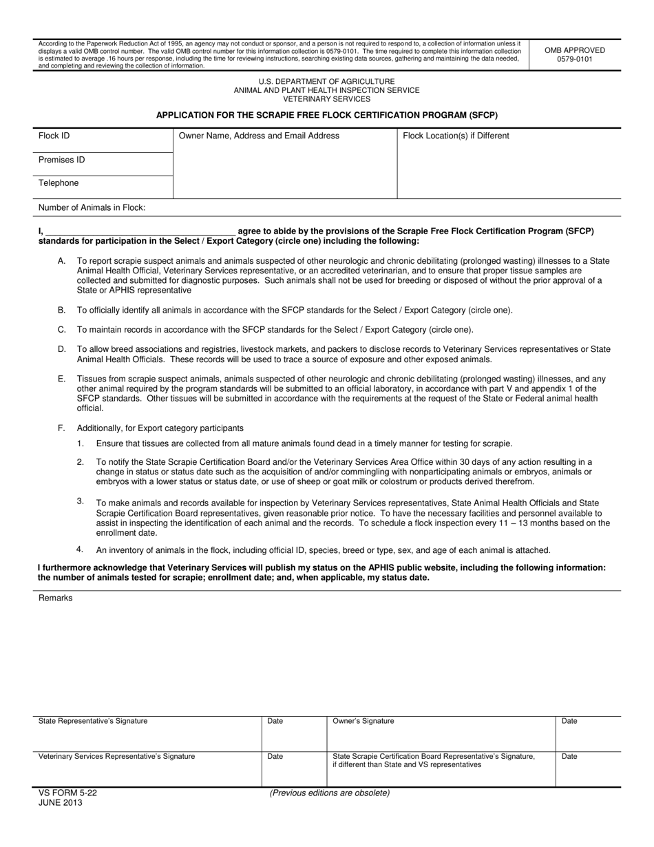 VS Form 5-22 Application for the Scrapie Free Flock Certification Program (Sfcp), Page 1