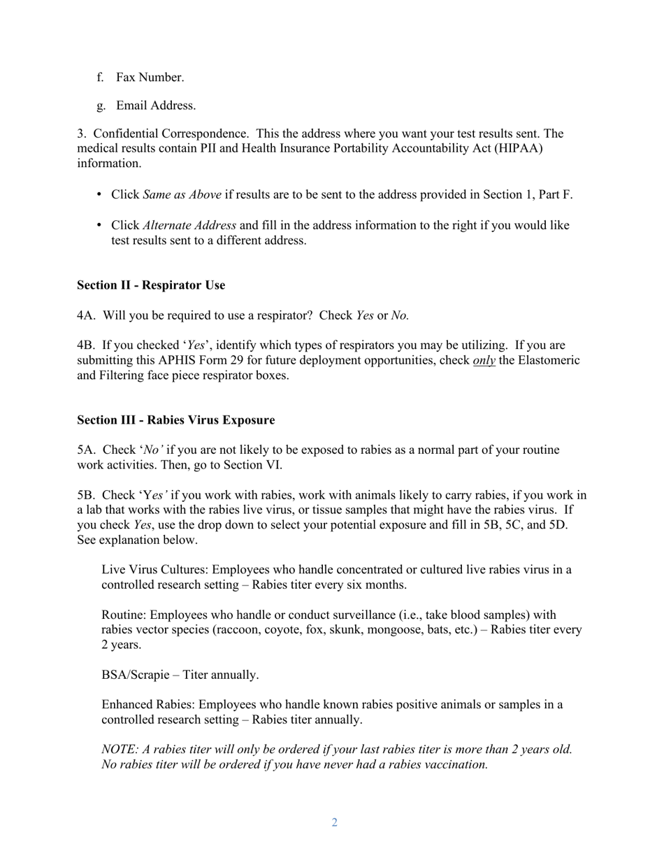 Instructions for APHIS Form 29 Occupational Exposures - Occupational Medical Monitoring Program, Page 2