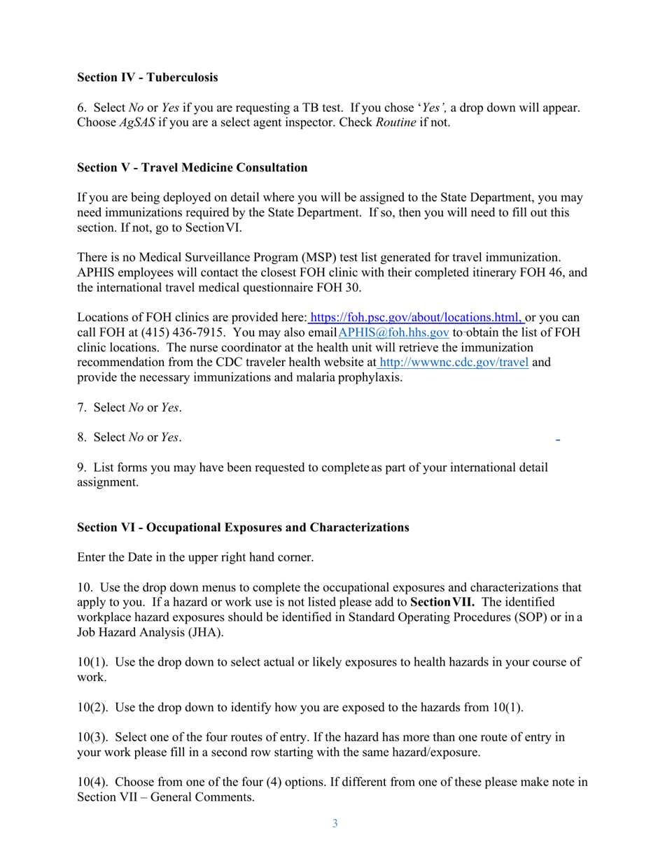 Instructions for APHIS Form 29 Occupational Exposures - Occupational Medical Monitoring Program, Page 3
