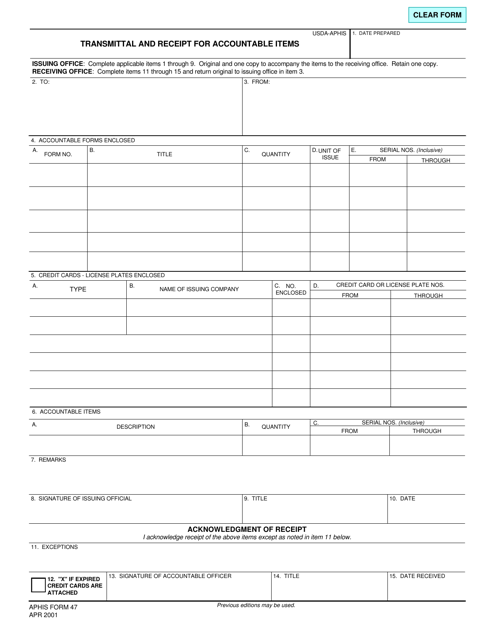 APHIS Form 47 Download Fillable PDF or Fill Online Transmittal and ...