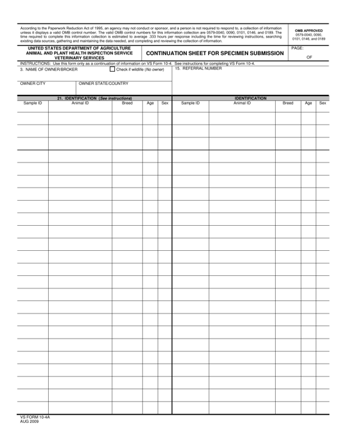 VS Form 10-4A Continuation Sheet for Specimen Submission