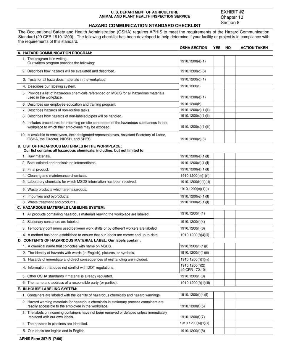 APHIS Form 257-R Hazard Communication Standard Checklist, Page 1