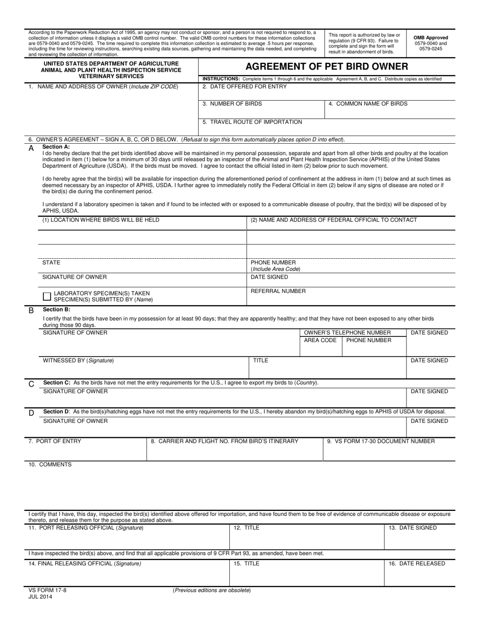 VS Form 17-8 Agreement of Pet Bird Owner, Page 1
