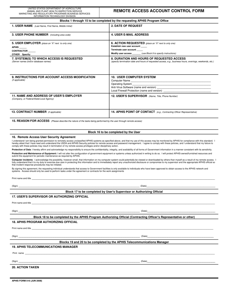 APHIS Form 516 Remote Access Account Control Form, Page 1