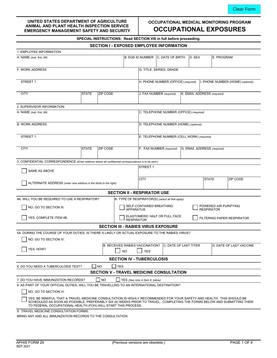 APHIS Form 29 Occupational Exposures - Occupational Medical Monitoring Program, Page 1