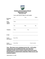 Document preview: APHIS Form 602 Training and Development Branch Registration Form