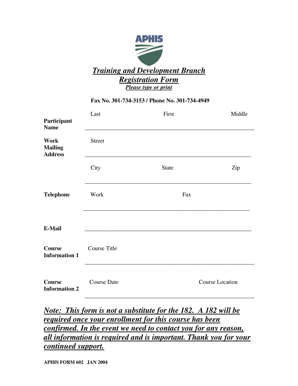 APHIS Form 602 Training and Development Branch Registration Form, Page 1