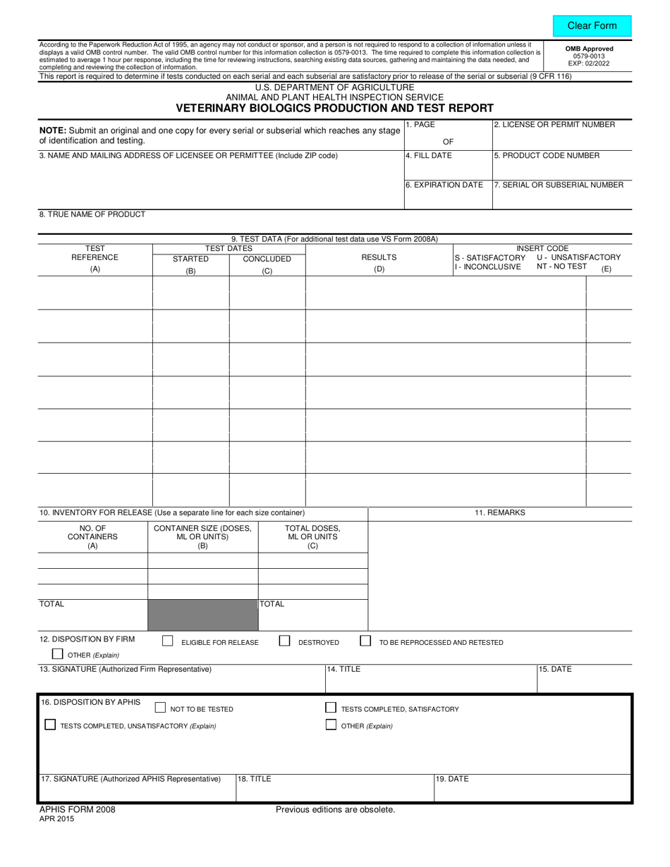 APHIS Form 2008 - Fill Out, Sign Online and Download Fillable PDF ...