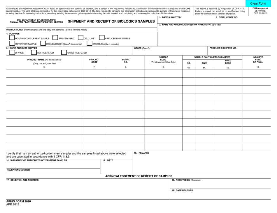 APHIS Form 2020 Shipment and Receipt of Biologics Samples, Page 1