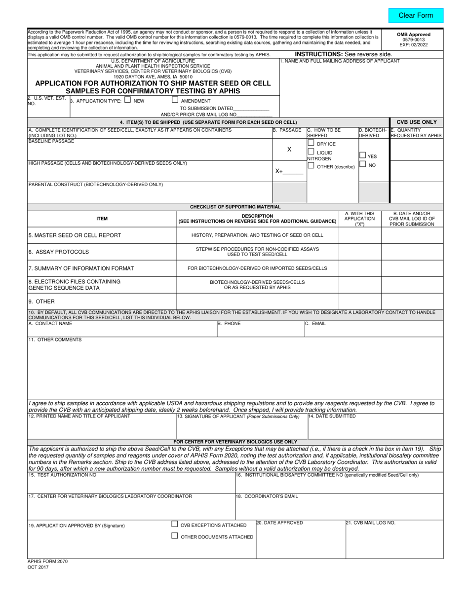 APHIS Form 2070 Application for Authorization to Ship Master Seed or Cell Samples for Confirmatory Testing by Aphis, Page 1