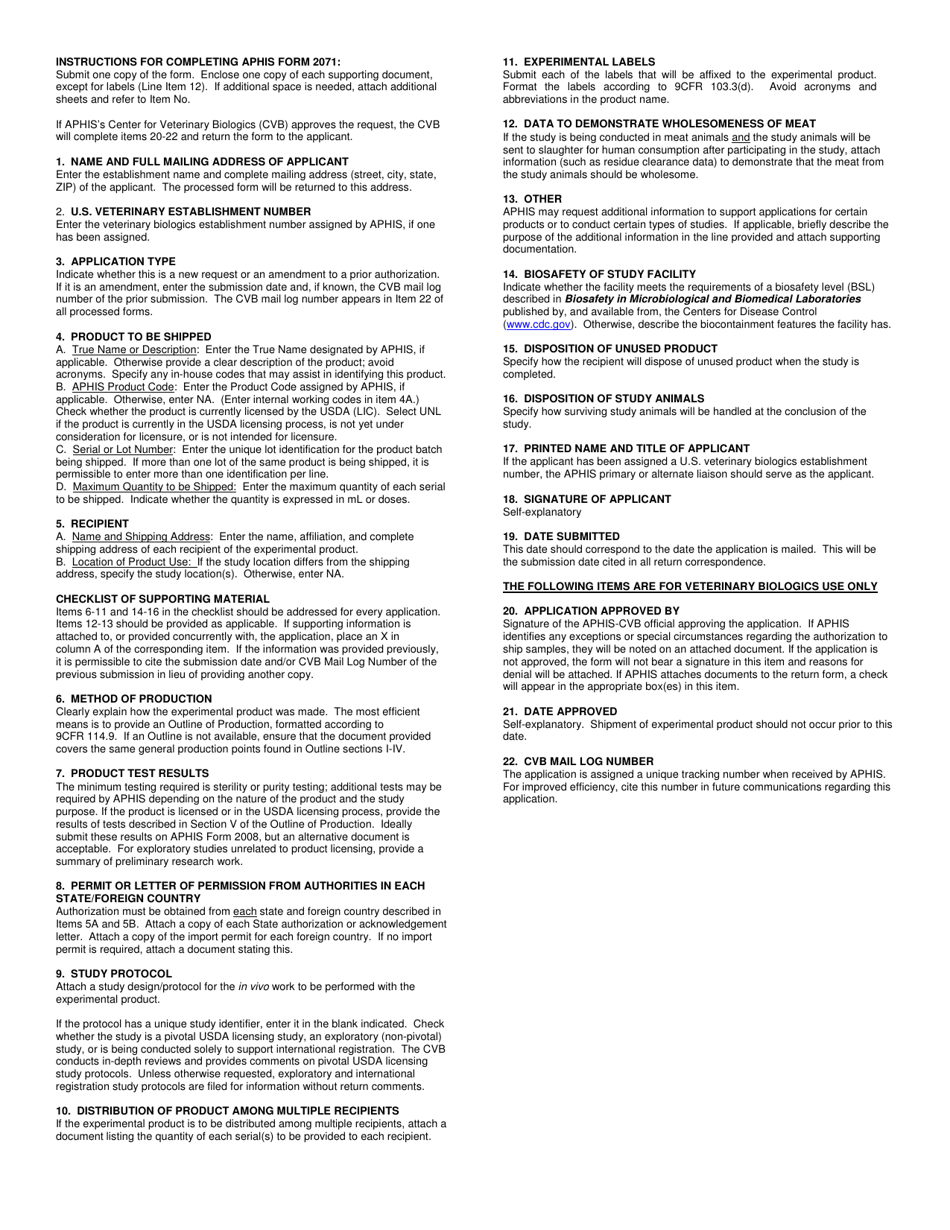 APHIS Form 2071 Application for Authorization to Ship Experimental Veterinary Biological Products, Page 2