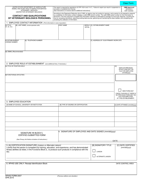APHIS Form 2007  Printable Pdf