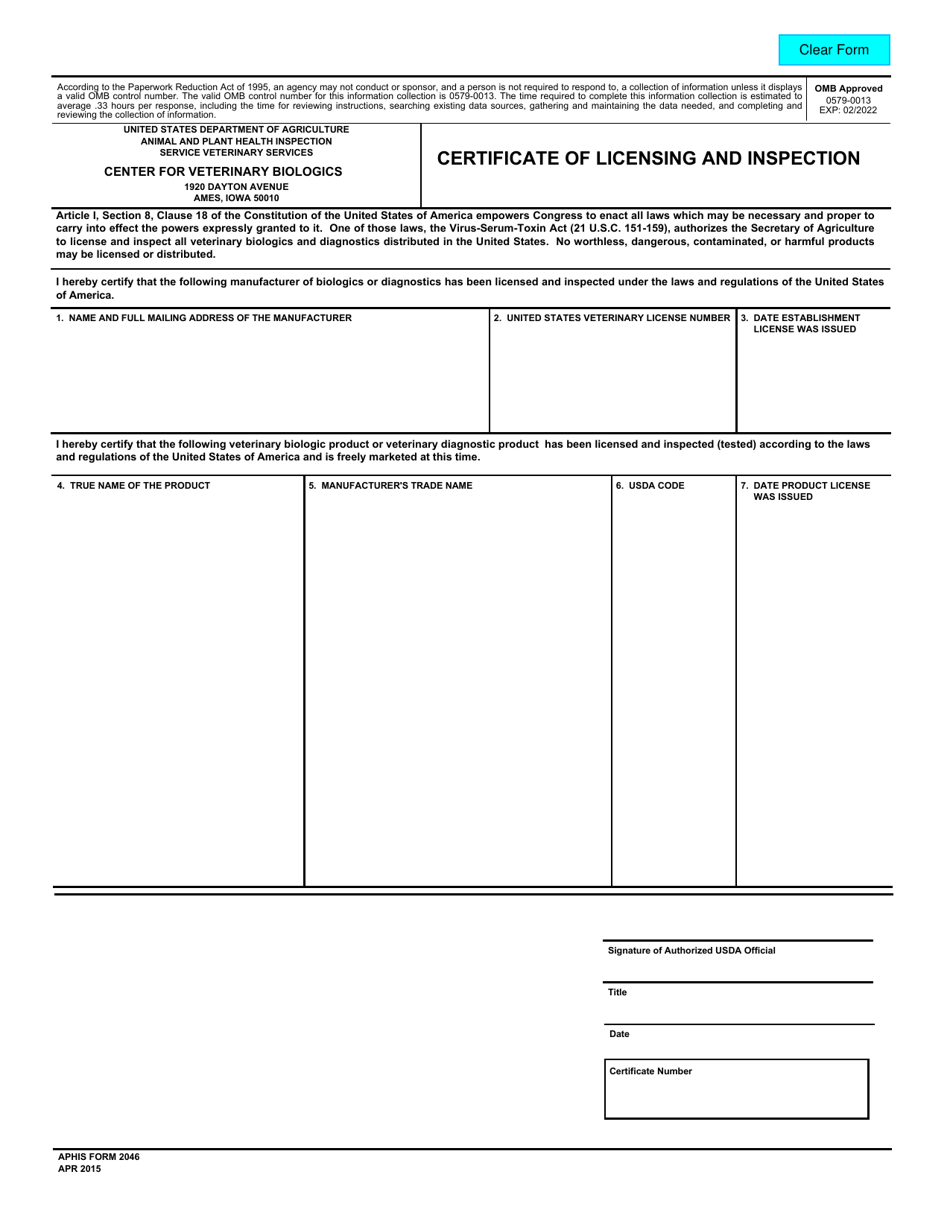 APHIS Form 2046 Certificate of Licensing and Inspection, Page 1