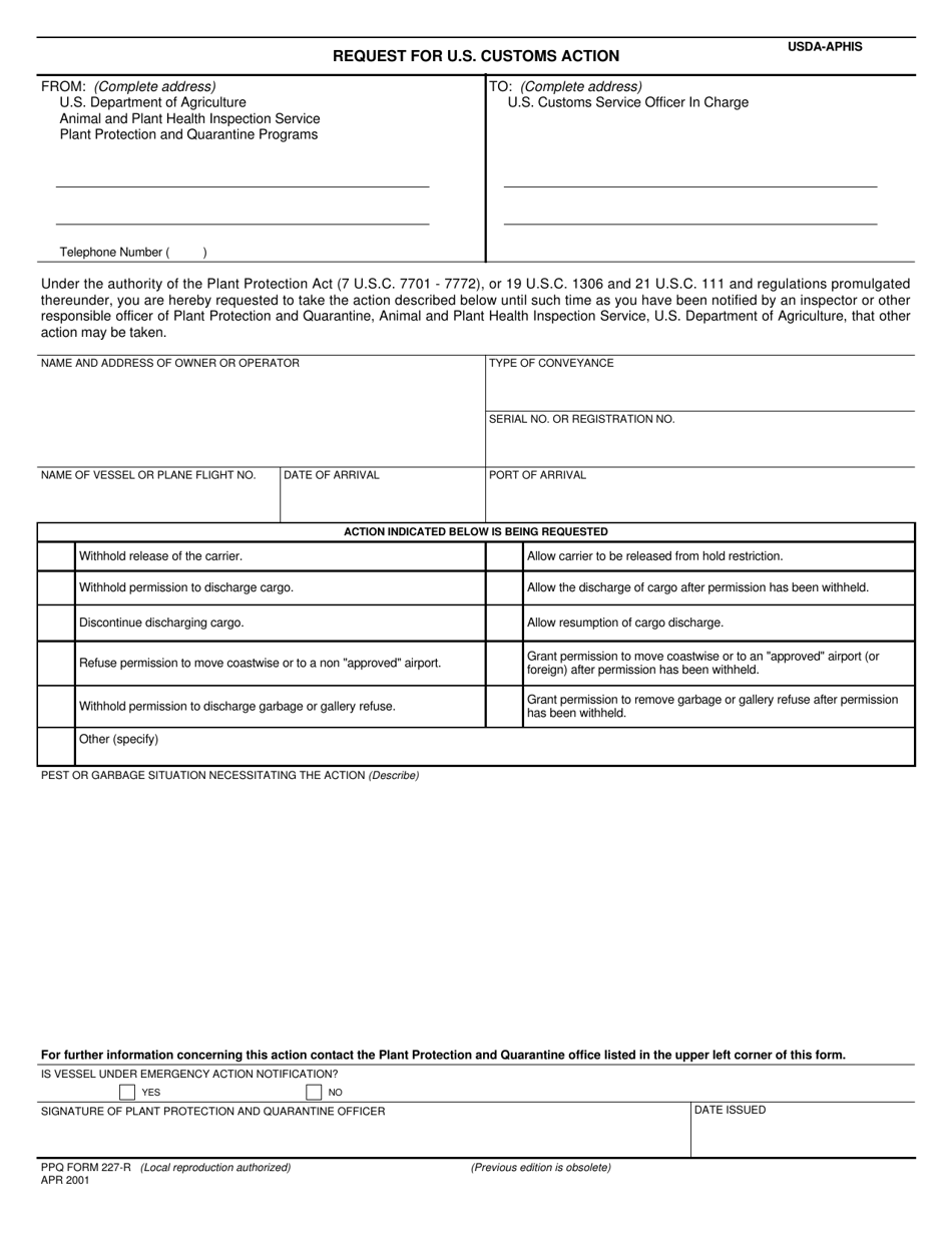 PPQ Form 227-R Request for U.S. Customs Action, Page 1