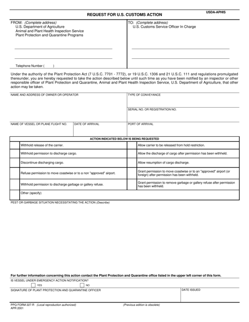 PPQ Form 227-R Request for U.S. Customs Action