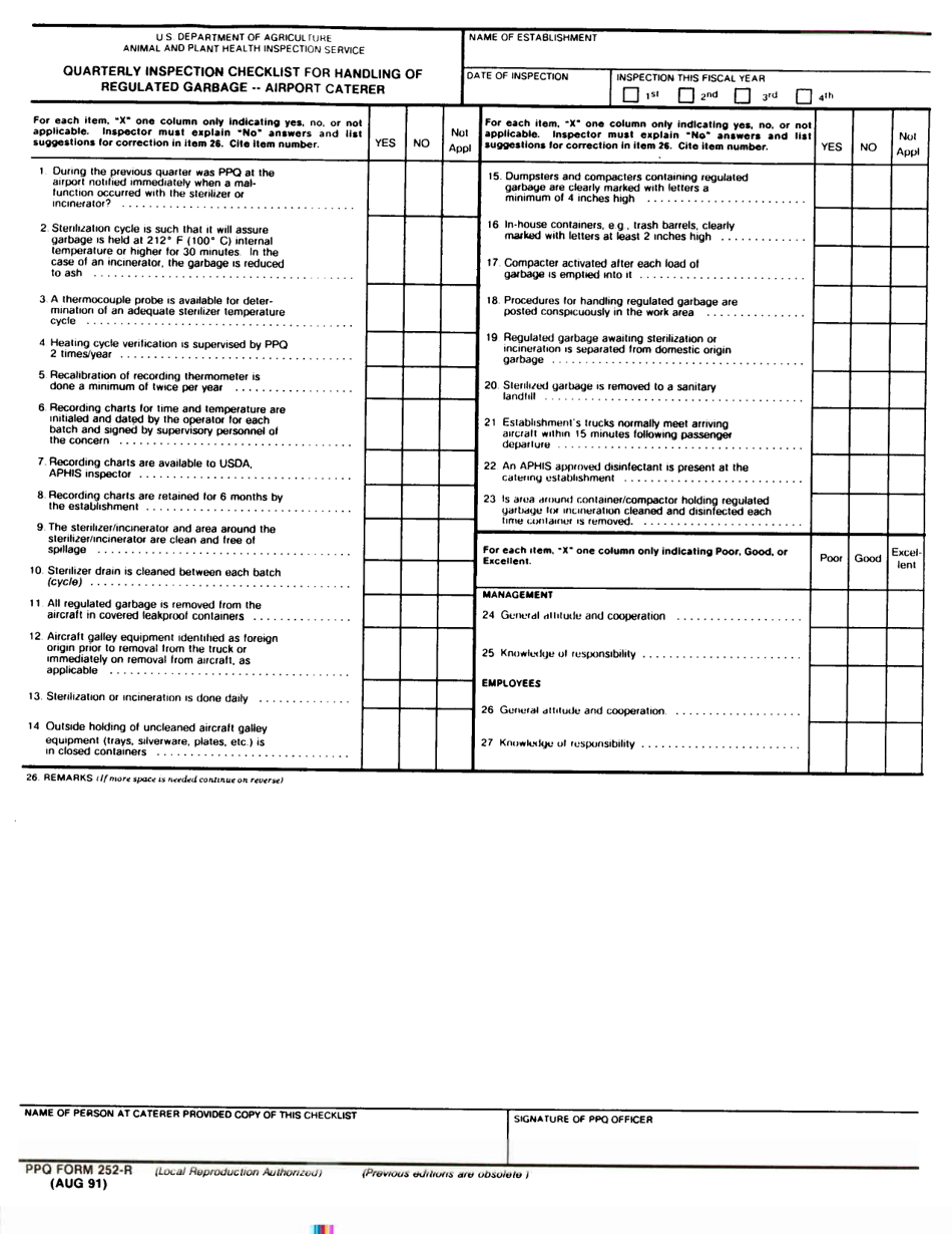 PPQ Form 252-R Quarterly Inspection Checklist for Handling of Regulated Garbage - Airport Caterer, Page 1