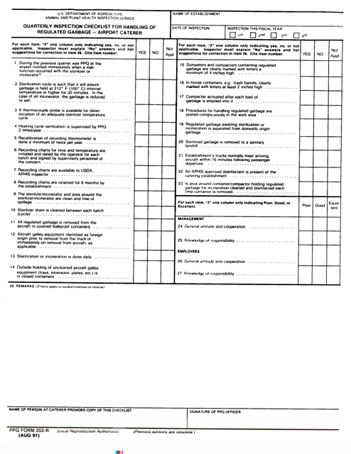 PPQ Form 252-R Quarterly Inspection Checklist for Handling of Regulated Garbage - Airport Caterer
