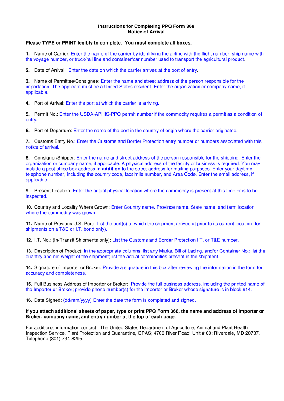 PPQ Form 368 Notice of Arrival, Page 2
