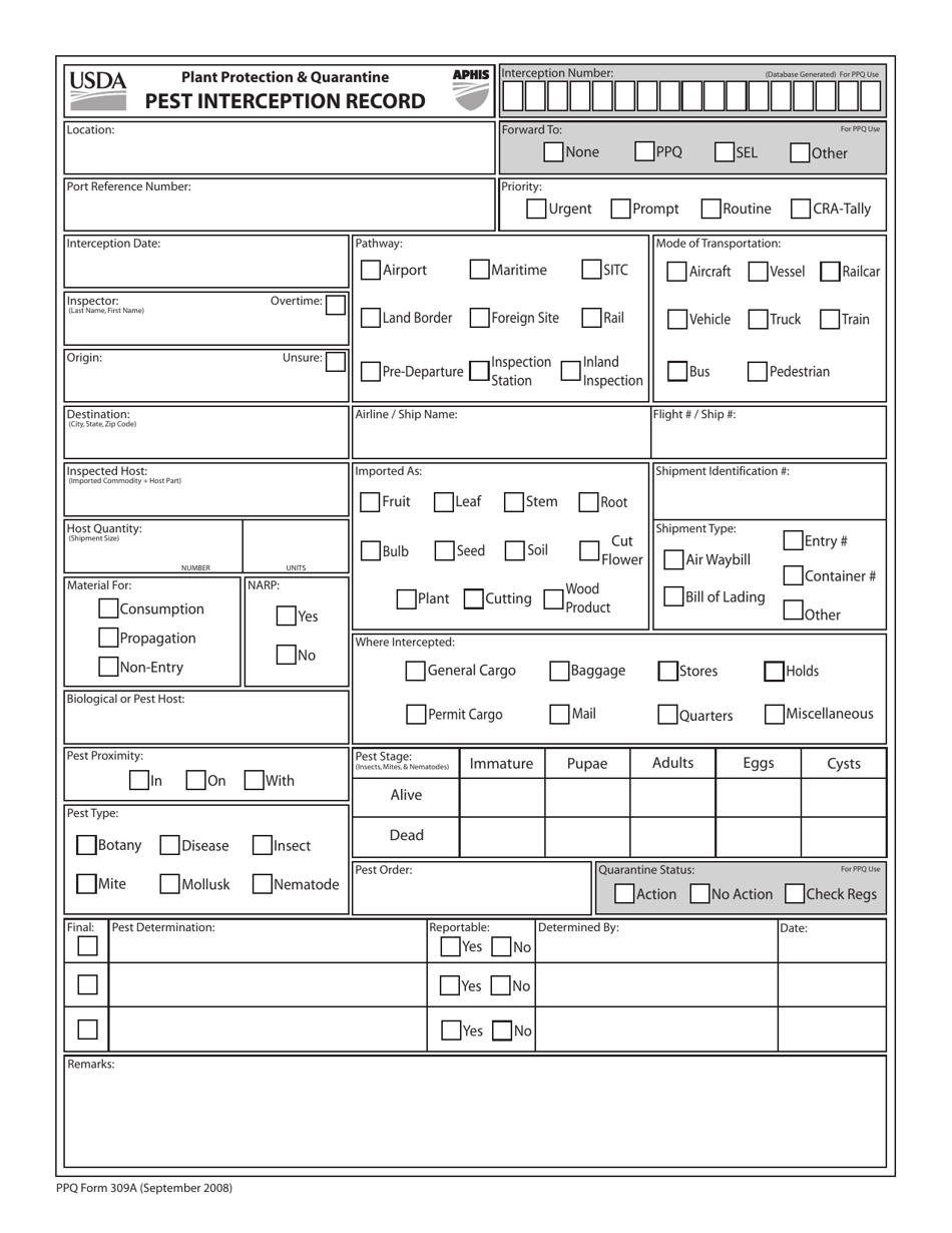 PPQ Form 309A Pest Interception Record, Page 1
