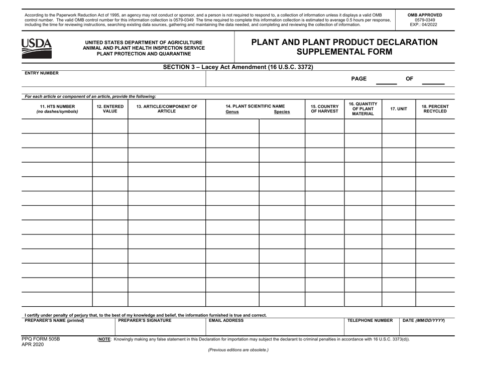 PPQ Form 505B Plant and Plant Product Declaration Supplemental Form, Page 1
