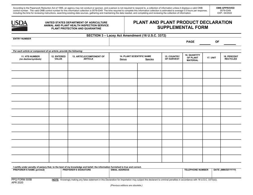 PPQ Form 505B Plant and Plant Product Declaration Supplemental Form