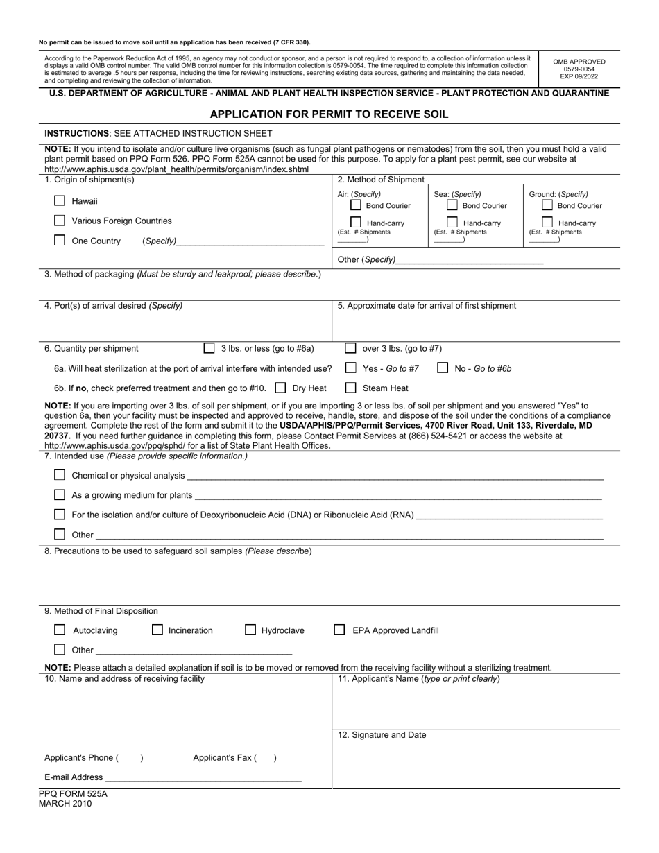 PPQ Form 525A Application for Permit to Receive Soil, Page 1