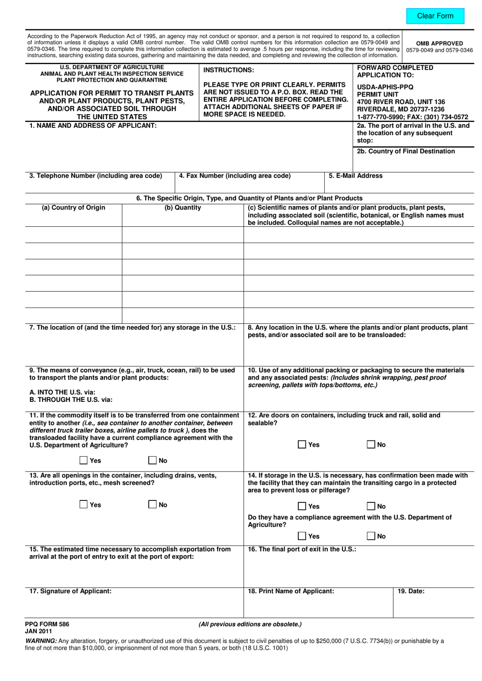 PPQ Form 586 Application for Permit to Transit Plants and / or Plant Products, Plant Pests, and / or Associated Soil Through the United States, Page 1