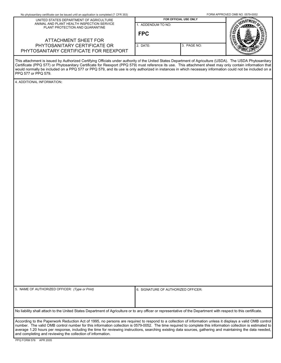 PPQ Form 576 Attachment Sheet for Phytosanitary Certificate or Phytosanitary Certificate for Reexport, Page 1