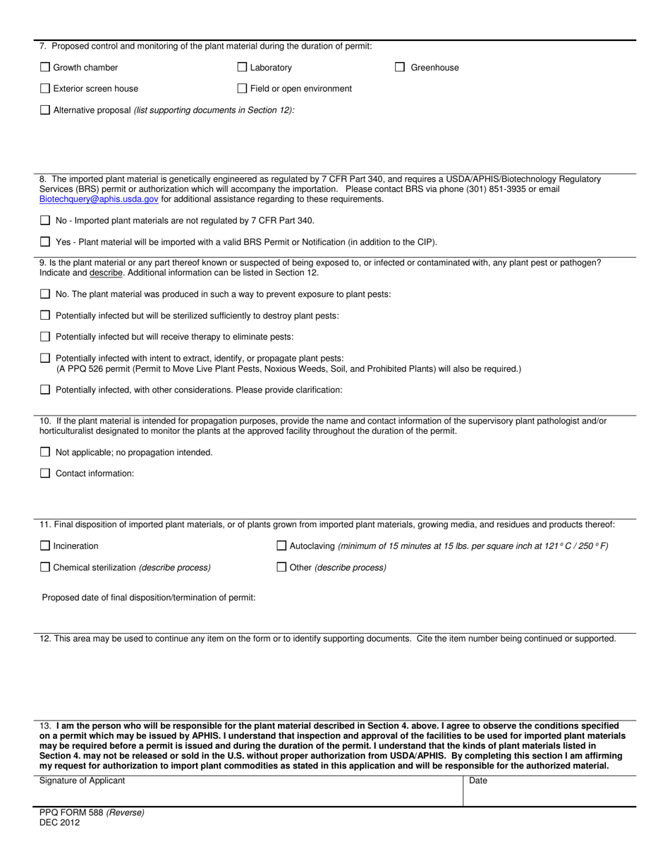 PPQ Form 588 Application for Controlled Import Permit (Cip) to Import Restricted or Not Authorized Plant Material, Page 2