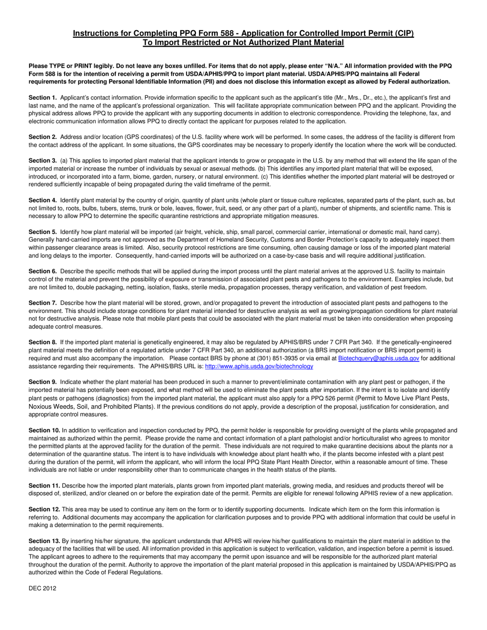 PPQ Form 588 Application for Controlled Import Permit (Cip) to Import Restricted or Not Authorized Plant Material, Page 3