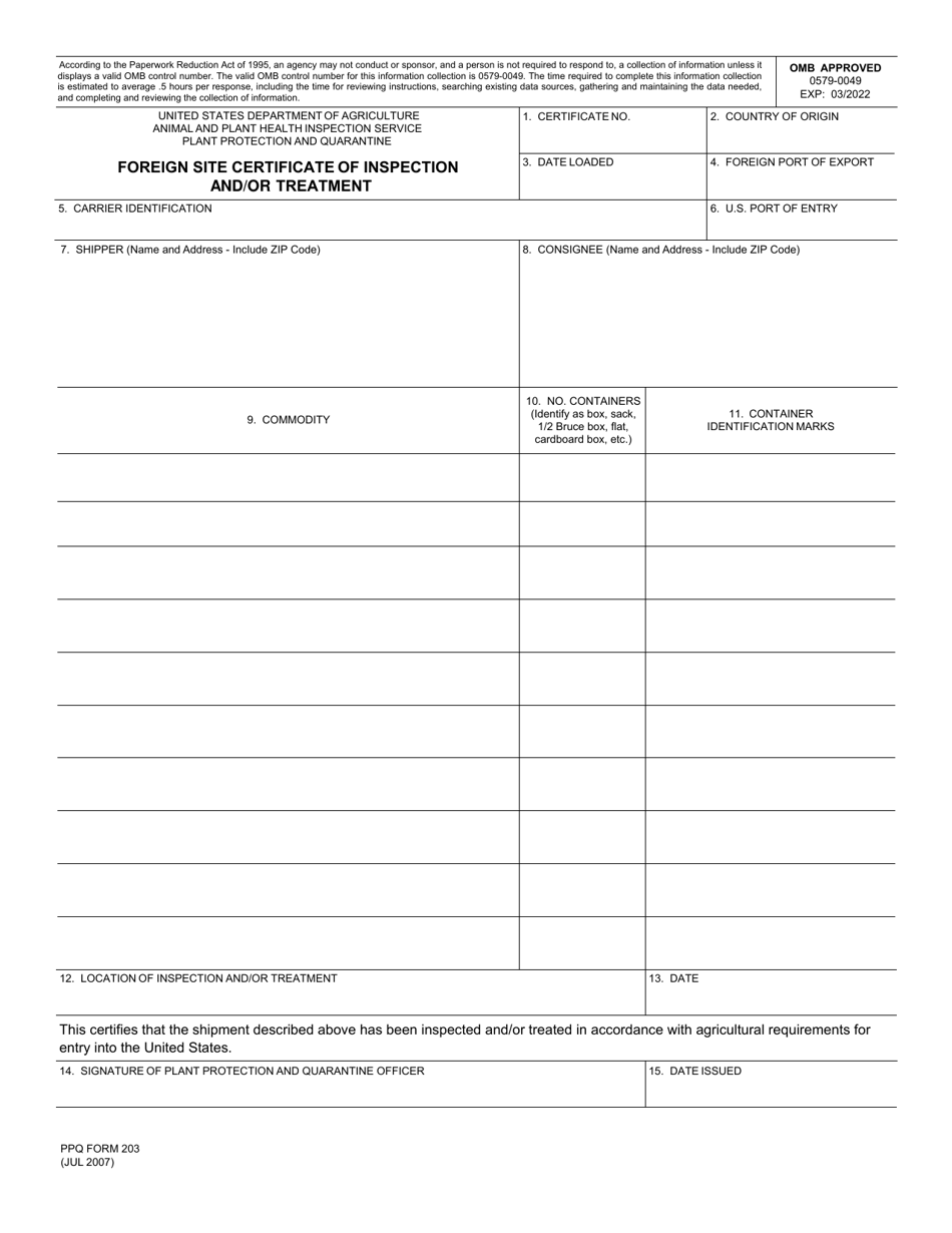 PPQ Form 203 Foreign Site Certificate of Inspection and / or Treatment, Page 1