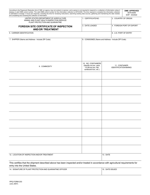 PPQ Form 203 Foreign Site Certificate of Inspection and/or Treatment