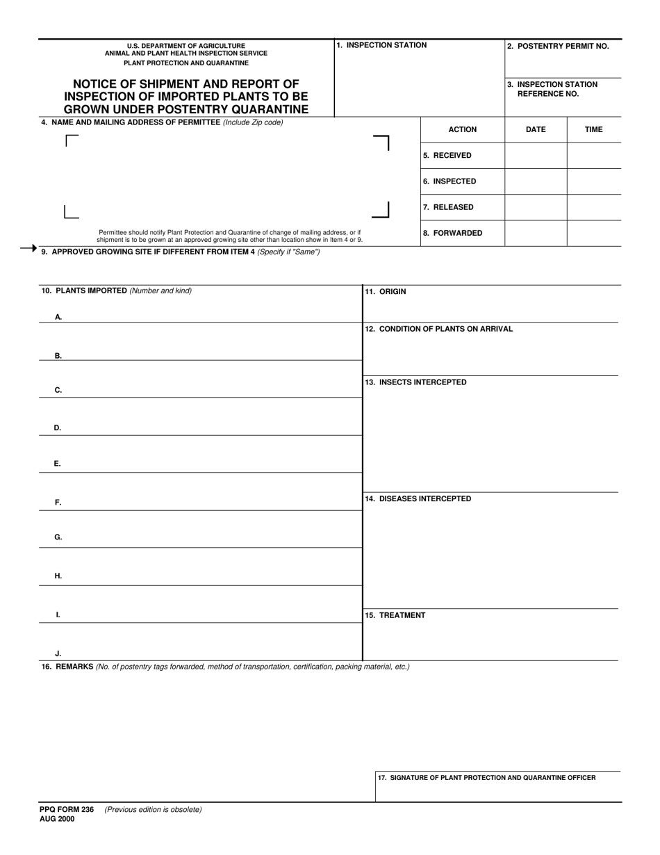 PPQ Form 236 Page 1 Notice of Shipment and Report of Inspection of Imported Plants to Be Grown Under Postentry Quarantine, Page 1