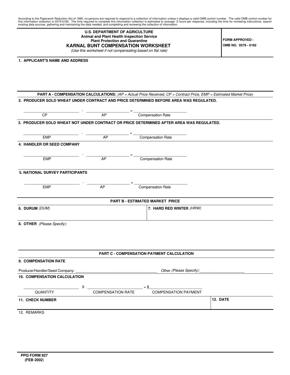 PPQ Form 927 Karnal Bunt Compensation Worksheet, Page 1